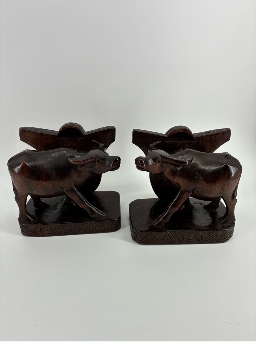 Hand-Carved Wooden Water Buffalo Bookends Decorations Accent  - Dark Brown